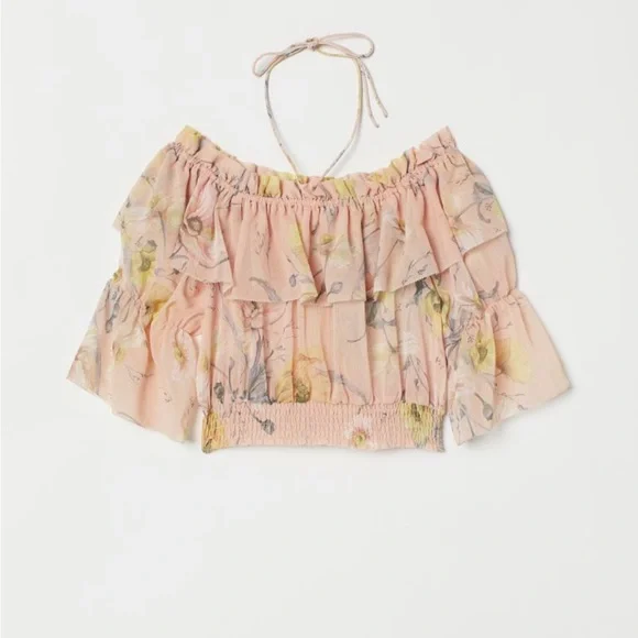 H&M hm Off the Shoulder Ruffle Beige Pink Yellow Floral Print Chiffon Top 2 NWT - Picture 9 of 16